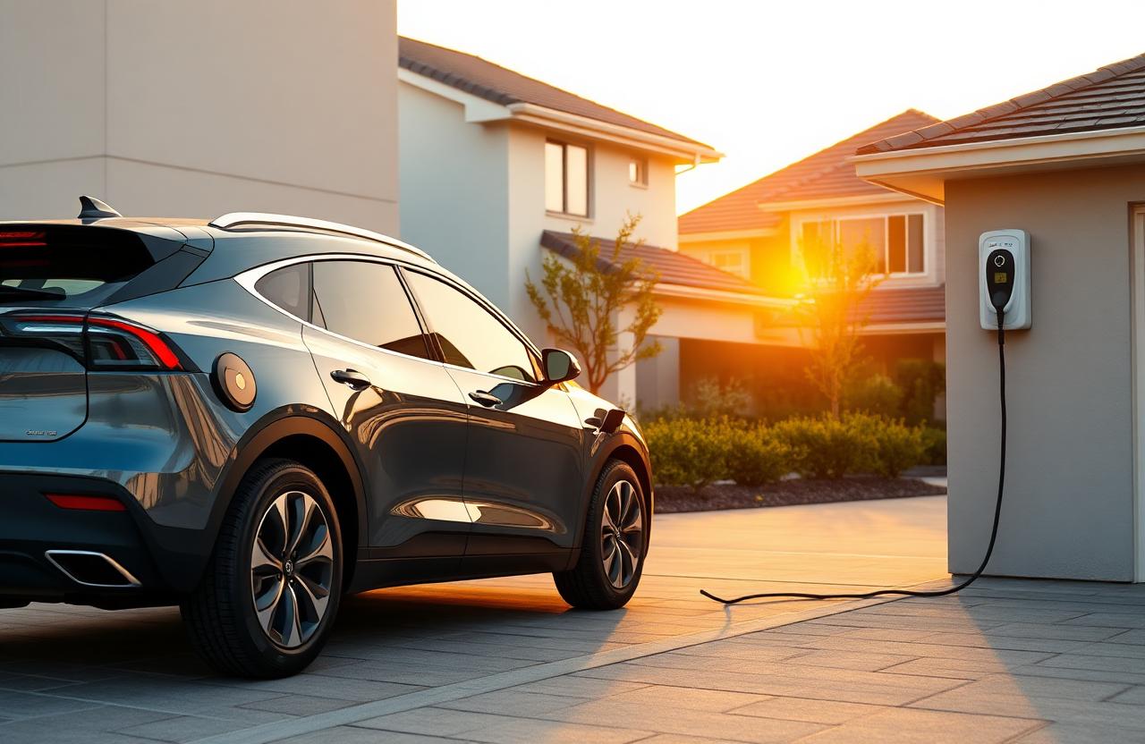 Electric SUV plugged into a wall-mounted home Level 2 charger in a suburban driveway at golden hour
