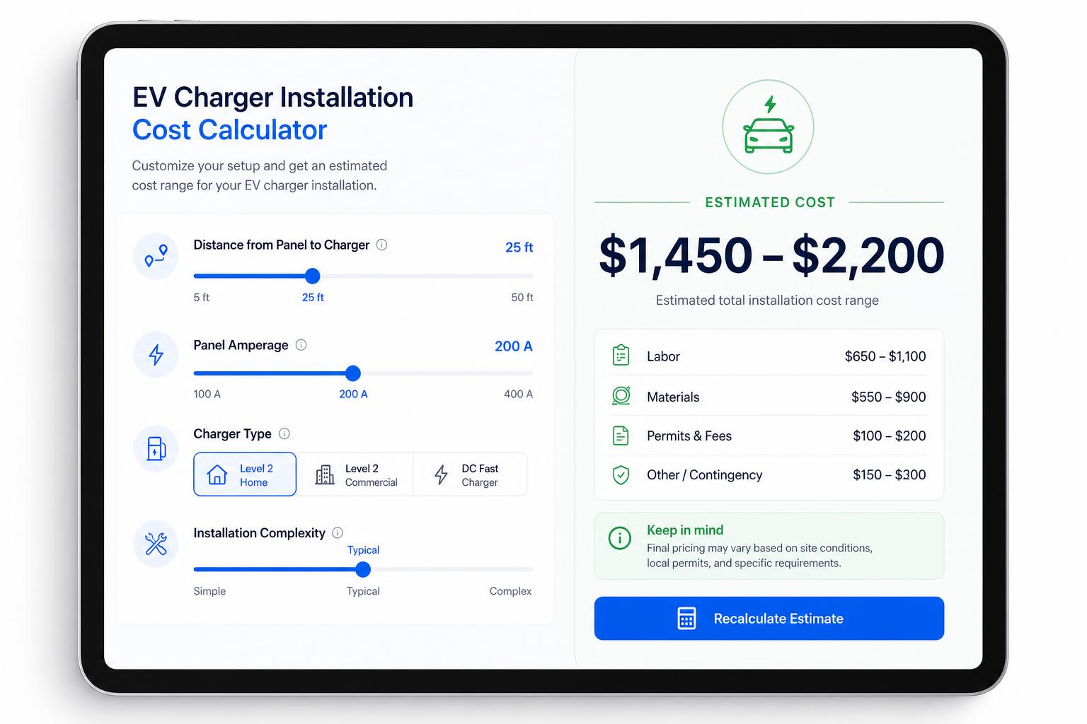 EV charger installation cost calculator preview